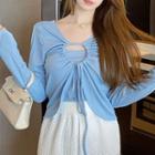 Set: Long-sleeve Drawstring Cutout Crop Top + Camisole Top Blue - One Size