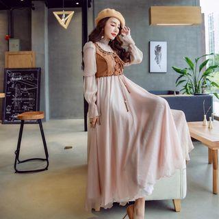 Mock-turtleneck Bell-sleeve Tie-waist Panel Mesh Sheath Dress
