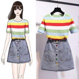 Short-sleeve Striped Top / Denim Mini A-line Skirt / Set
