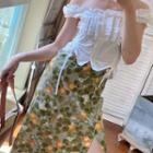 Lemon Print Side-slit Midi A-line Skirt