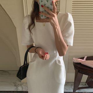 Puff Sleeve Square Neck Plain Sheath Dress White - One Size