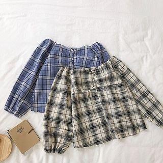 Color-block Plaid Off-shoulder Puff-sleeve Blouse