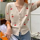 Short-sleeve Cherry Embroidered Knit Top Almond - One Size