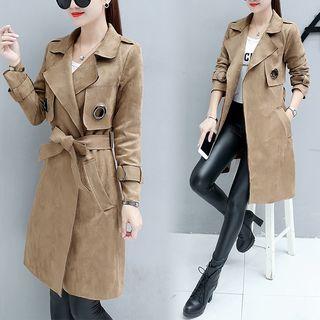 Faux Suede Notch Lapel Long Coat