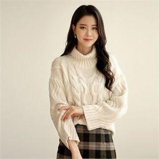 Turtle-neck Cable-knit Sweater Beige - One Size
