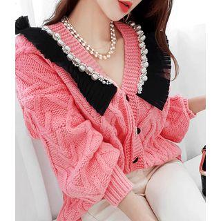 Fringed Pearly Cable-knit Cardigan
