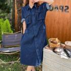 Short-sleeve Pocket Detail Denim Midi Shirt Dress