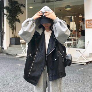Faux Leather Panel Hooded Zip Jacket As Shown In Figure - One Size