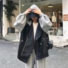 Faux Leather Panel Hooded Zip Jacket As Shown In Figure - One Size