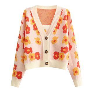 Set: Flower Print Cropped Cardigan + Camisole Top