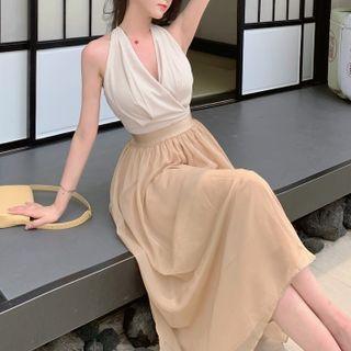V-neck Halter Plain Top / Mesh Midi Skirt