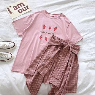 Set:strawberry Lettering Printed Short-sleeve Top + Asymmetric Lace-up Plaid Skirt