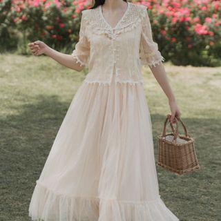 Set: V-neck Bell-sleeve Blouse + Maxi A-line Mesh Skirt
