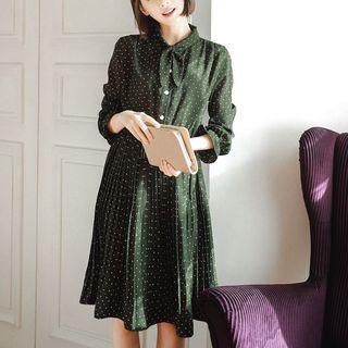 Bow Polka-dot Pleated Sheath Dress