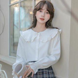 Flared-cuff Ruffle Trim Blouse