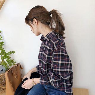 Loose-fit Check Shirt Navy Blue - One Size