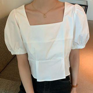 Puff-sleeve Square-neck Bow-back Cropped Blouse