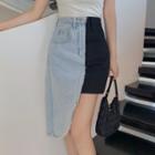 High-waist Color Block Asymmetric Denim Skirt