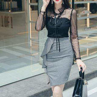 Set: Long-sleeve Mesh Blouse + Houndstooth Mini Fitted Skirt