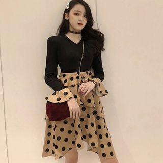 Mock Two-piece Dotted Long-sleeve Dress