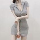 Buttoned Collared Short-sleeve Mini Sheath Dress