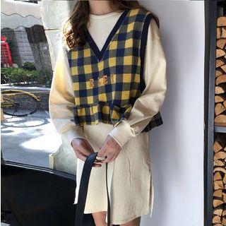 Mini Pullover Dress / Plaid V-neck Vest