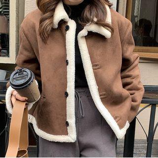 Fleece Collar Button-up Jacket Coffee - One Size