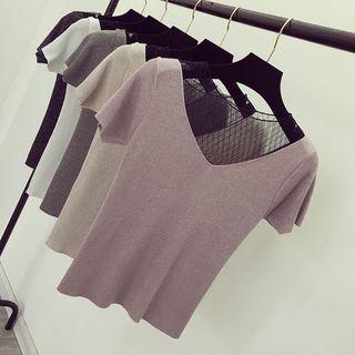 Short-sleeve Sheer Panel V-neck Knit Top