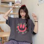 Elbow-sleeve Smiley Face Embroidery T-shirt