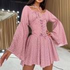 Bell-sleeve Lace-up Dotted A-line Dress