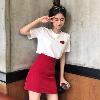 Heart Embroidered Short-sleeve T-shirt / Mini A-line Skirt