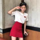 Heart Embroidered Short-sleeve T-shirt / Mini A-line Skirt