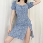 Short-sleeve Floral Print Slit Mini A-line Dress