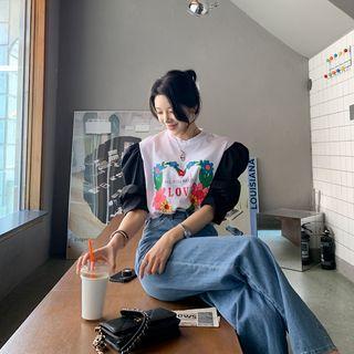 Contrast Puff-sleeve Printed T-shirt