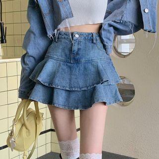 Ruffle Trim Layered Denim A-line Skirt