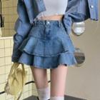 Ruffle Trim Layered Denim A-line Skirt