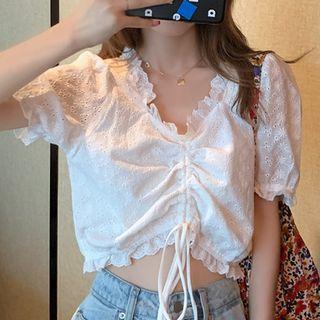 Puff-sleeve Drawstring Lace Cropped Blouse White - One Size