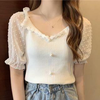 Puff-sleeve Chiffon Panel Button-up Plain Crop Top