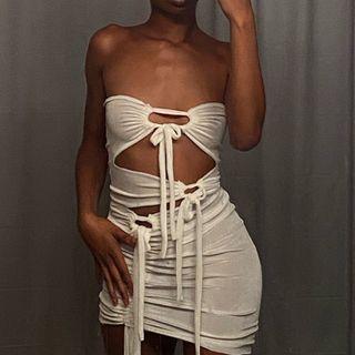 Plain Cut-out Tie-front Tube Mini Dress