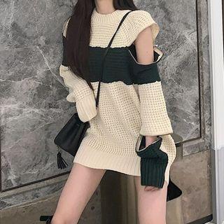 Cutaway-shoulder Color-block Sweater As Shown In Figure - One Size
