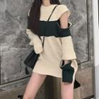 Cutaway-shoulder Color-block Sweater As Shown In Figure - One Size