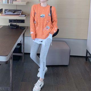 Badge-accent Distressed Cable-knit Sweater / Cutout Long T-shirt / Lettering Leggings