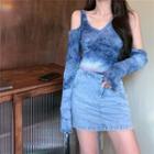 Long-sleeve Tie-dye T-shirt / Mini Fitted Denim Skirt