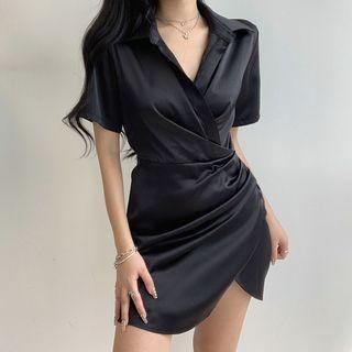 Short-sleeve V-neck Asymmetrical Hem Mini Shirtdress