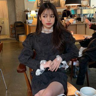 Lantern-sleeve Lace Trim Dress Black - One Size