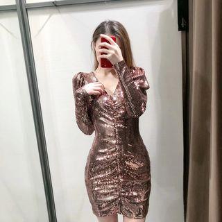 Sequined Long-sleeve Ruched Mini Sheath Dress