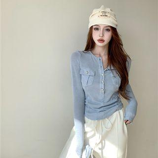 Long-sleeve Front-pocket Henley Top