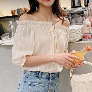 Striped Off-shoulder Elbow-sleeve Chiffon Blouse