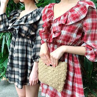V-neck Ruffled Plaid Playsuit