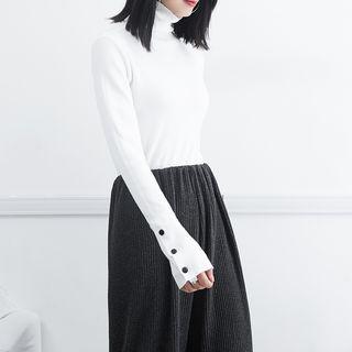 Buttoned-cuff Turtleneck Knit Top